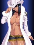  1girl areola_slip areolae black_hair breasts brown_eyes coat collar cowboy_hat dark_skin fur_trim highres kagami_hirotaka large_breasts looking_at_viewer miniskirt navel nico_robin no_bra one_piece skirt topless waifu2x 