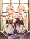  apron blonde_hair blue_eyes breasts broom cleavage cosplay cup detached_collar detached_sleeves dress frilled_dress frills hair_ornament hair_ribbon hand_on_hip heterochromia leg_up light_frown looking_at_viewer maid maid_apron maid_headdress medium_breasts multiple_girls puffy_detached_sleeves puffy_sleeves ram_(re:zero) ram_(re:zero)_(cosplay) re:zero_kara_hajimeru_isekai_seikatsu rem_(re:zero) rem_(re:zero)_(cosplay) renown_(zhan_jian_shao_nyu) repulse_(zhan_jian_shao_nyu) ribbon short_dress short_hair siblings sisters smile teacup tray tress_ribbon twins underbust window x_hair_ornament yellow_eyes yuemanhuaikong zhan_jian_shao_nyu 