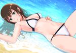  beach bikini blush breasts brown_hair cleavage commentary_request deca_purio earrings green_eyes idolmaster idolmaster_cinderella_girls jewelry long_hair looking_at_viewer lying medium_breasts navel ocean on_back outdoors parted_lips partially_submerged sand shibuya_rin solo swimsuit water wet white_bikini 