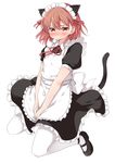  3: alternate_costume animal_ears apron blush brown_eyes brown_hair cat_ears cat_tail covering covering_crotch enmaided kemonomimi_mode maid maid_headdress mary_janes misaka_mikoto mukunoki_nanatsu pantyhose shoes short_hair solo tail to_aru_kagaku_no_railgun to_aru_majutsu_no_index v-shaped_eyebrows white_legwear 