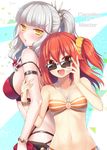  adjusting_eyewear ahoge arm_hug arm_strap bikini blush breasts carmilla_(fate/grand_order) character_name fate/grand_order fate_(series) fujimaru_ritsuka_(female) large_breasts long_hair looking_back medium_breasts multiple_girls nakamura_hinato navel open_mouth orange_bikini orange_eyes orange_hair ponytail red_bikini scrunchie short_hair side_ponytail silver_hair smile strap_slip striped striped_bikini summertime_mistress_(fate/grand_order) sunglasses swimsuit yellow_eyes yellow_scrunchie yuri 