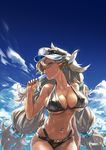  almeida_(granblue_fantasy) animal_ears bare_shoulders bikini black_bikini blue_eyes breasts cleavage cloud commentary_request cowboy_shot day draph earrings food granblue_fantasy grey_hair hat highres holding horns huge_breasts jewelry long_hair looking_at_viewer md5_mismatch navel_piercing one_eye_closed piercing popsicle redjuice sideboob sky solo sweat swimsuit twintails underboob very_long_hair 
