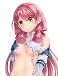  akashi_(kantai_collection) armband bare_shoulders blush breasts collarbone eyebrows eyebrows_visible_through_hair flying_sweatdrops green_eyes hair_ribbon highres kantai_collection long_hair long_sleeves looking_afar medium_breasts navel neit_ni_sei no_bra pink_hair red_ribbon ribbon shirt sidelocks solo stomach torn_clothes torn_shirt underboob upper_body very_long_hair white_shirt 