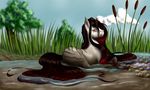  ambrosia black_hair crazyaniknowit day equine female feral fur gradient_hair grass grey_fur hair hooves looking_at_viewer lying mammal nude outside partially_submerged red_eyes red_hair solo striped_fur stripes water white_fur 
