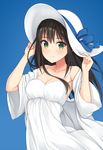  bare_shoulders blue_background blush bow breasts brown_hair cleavage collarbone dress green_eyes hands_on_headwear hat hat_bow hiiragi_hajime idolmaster idolmaster_cinderella_girls long_hair long_sleeves looking_at_viewer medium_breasts shibuya_rin simple_background smile solo sun_hat sundress white_dress white_hat wind 