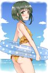  :d ass bangs bare_shoulders bikini blue_sky blunt_bangs blush braid brown_eyes cloud cowboy_shot day eyebrows eyebrows_visible_through_hair from_side green_hair innertube kantai_collection kusano_(torisukerabasu) looking_at_viewer looking_back open_mouth polka_dot polka_dot_innertube short_hair short_hair_with_long_locks sidelocks sky smile solo swimsuit takanami_(kantai_collection) thick_eyebrows water yellow_bikini 