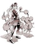  backpack bag bangs baseball_cap beak belt bonkara_(sokuseki_maou) commentary doduo female_protagonist_(pokemon_go) fingerless_gloves gen_1_pokemon gloves grin hat holding holding_poke_ball index_finger_raised jacket leggings long_hair looking_at_viewer monochrome pants pants_under_shorts poke_ball pokemon pokemon_(creature) pokemon_go ponytail shoes shorts sidelocks smile sneakers yoga_pants 