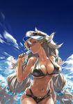  almeida_(granblue_fantasy) animal_ears bare_shoulders bikini black_bikini blue_eyes breasts cleavage cloud commentary_request cowboy_shot day draph earrings food granblue_fantasy grey_hair hat highres holding horns huge_breasts jewelry long_hair looking_at_viewer md5_mismatch navel_piercing one_eye_closed piercing popsicle redjuice sideboob sky solo sweat swimsuit twintails underboob very_long_hair 