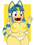  2016 animal_crossing ankha anthro areola big_breasts blue_eyes border breasts cat clothing egyptian feline female hi_res kloudmutt mammal navel nintendo nipples open_mouth panties simple_background solo underwear video_games white_border yellow_nipples 