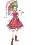  &gt;:) arm_garter bad_id bad_pixiv_id boots bow bowtie brown_footwear flower full_body green_hair juliet_sleeves kazami_yuuka long_sleeves looking_at_viewer petals pico_(picollector79) plaid plaid_skirt plaid_vest puffy_sleeves red_eyes short_hair skirt skirt_set smile solo sunflower touhou umbrella v-shaped_eyebrows vest white_background yellow_bow yellow_neckwear 