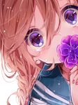  bangs braid commentary_request covering_mouth crying flower hair_between_eyes holding holding_flower light_brown_hair looking_at_viewer nail_polish naoton original pink_nails purple_eyes purple_flower school_uniform serafuku solo tears wide-eyed 