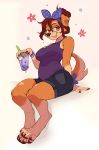  2018 anthro barefoot beverage breasts brown_hair bypbap canine clothing dog eyewear female fur glasses hair looking_at_viewer mammal paws red_eyes ribbons shirt shorts simple_background sitting smile solo tan_fur tank_top tongue tongue_out 