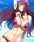  arm_up armpits ban bare_shoulders bikini breasts cloud day fate/grand_order fate_(series) flower from_below hair_flower hair_ornament heart_ring_top hibiscus highres large_breasts looking_at_viewer navel ocean outdoors parted_lips purple_hair red_eyes scathach_(fate)_(all) scathach_(swimsuit_assassin)_(fate) sky solo swimsuit water 