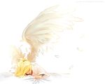  bed bed_sheet black_shirt blonde_hair clenched_hand crying feathered_wings feathers hair_ornament hair_tie highres labcoat long_sleeves mangododo mercy_(overwatch) overwatch ponytail shirt simple_background solo spread_wings teardrop tears twitter_username white_background wings 