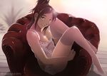  2016 artist_name backlighting bare_arms bare_shoulders blush breasts brown_hair camisole cleavage collarbone couch dead-robot full_body green_eyes legs_up long_hair looking_at_viewer medium_breasts no_shoes on_couch original parted_lips pink_legwear pink_lips plantar_flexion ponytail sitting sleeveless smile solo sparkle teeth thighhighs thighs wooden_floor 