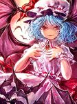  bad_id bad_pixiv_id bat blue_hair dress hat lain looking_at_viewer mob_cap red_eyes remilia_scarlet short_hair smile solo touhou vampire wings 