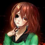  androgynous blood bloody_hands brown_eyes brown_hair chara_(undertale) collared_shirt glitch gradient gradient_background highres jewelry kiramitan lips liquid missing_eye necklace shirt signature solo spoilers sweater undertale 