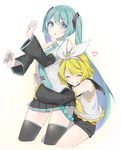  blonde_hair blue_eyes blue_hair blue_nails closed_eyes fhang hatsune_miku heart hug hug_from_behind kagamine_rin long_hair multiple_girls nail_polish open_mouth short_hair shorts skirt smile sweatdrop thighhighs twintails very_long_hair vocaloid yellow_nails zettai_ryouiki 