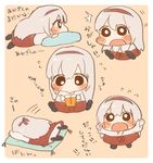  1girl blush chibi commentary cushion drinking_straw falling flying_sweatdrops from_side full_body hairband ina_(1813576) japanese_clothes kantai_collection kimono long_hair looking_at_viewer lying motion_lines multiple_views nontraditional_miko on_stomach partially_translated pillow profile red_skirt shoukaku_(kantai_collection) sitting skirt text_focus translation_request white_hair 
