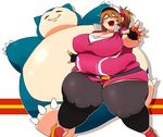  1girl baseball_cap belly blush breasts brown_hair cleavage eyes_closed fangs fat female_protagonist_(pokemon_go) hat huge_breasts large_breasts obese open_mouth pokemon_go ponytail smile snorlax squarewave thick_thighs 