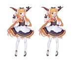  ;d absurdres alternate_costume bad_id bad_pixiv_id bespectacled blonde_hair blush bow bowtie glasses hand_on_hip high_heels highres horn_ribbon horns ibuki_suika long_hair looking_at_viewer maid_headdress mio-muo1206 one_eye_closed open_mouth pantyhose red-framed_eyewear red_eyes ribbon semi-rimless_eyewear simple_background sleeveless smile solo touhou under-rim_eyewear white_background white_legwear wrist_cuffs 