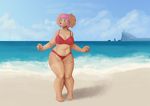  2015 beach big_breasts bikini blue_eyes breasts brown_fur clothing ethriol ethriol_(character) female fur hair heart_shaped_nose humanoid_feet pink_hair seaside slightly_chubby solo swimsuit 