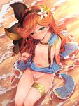  arm_support barefoot bikini_tan blue_eyes blush cape flat_chest flower gold granblue_fantasy hair_flower hair_ornament hairband long_hair looking_at_viewer matanonki midriff navel no_bra orange_hair sara_(granblue_fantasy) sitting skirt smile solo suspenders tan tanline thigh_strap wakamezake water wet 