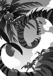  alolan_form cloud ecat exeggutor fang from_below greyscale highres monochrome no_humans open_mouth palm_tree perspective pokemon pokemon_(creature) sketch sky solo tree 