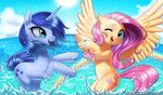  2016 blue_hair cloud cute cutie_mark duo equine fan_character feathered_wings feathers female feral fluttershy_(mlp) friendship_is_magic hair horn mammal my_little_pony one_eye_closed open_mouth outside pegasus pink_hair racoon-kun rainbow sea sky spread_wings unicorn water wings yellow_feathers 