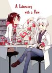  :d beaker blue_eyes brown_hair crossed_legs english kneeling kuma_(bloodycolor) labcoat multiple_girls open_mouth ruby_rose rwby scar scar_across_eye shelf side_ponytail silver_eyes sitting smile test_tube test_tube_rack tongue tongue_out weiss_schnee 