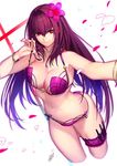  azusa_(hws) bikini bikini_pull breasts collarbone fate/grand_order fate_(series) flower hair_flower hair_intakes hair_ornament hibiscus knife large_breasts leg_garter long_hair navel purple_bikini purple_hair red_eyes scathach_(fate)_(all) scathach_(swimsuit_assassin)_(fate) signature smile solo swimsuit 