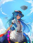 black_hat blue_hair blue_skirt bow bowtie commentary_request cowboy_shot dress_shirt food fruit hat hinanawi_tenshi holding holding_sword holding_weapon homo_1121 keystone leaf long_hair looking_at_viewer peach puffy_short_sleeves puffy_sleeves rainbow_gradient rainbow_order red_bow red_eyes red_neckwear shirt short_sleeves skirt smile solo sword sword_of_hisou touhou weapon white_shirt 