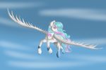  absurd_res blue_hair crazyaniknowit day equine feathered_wings feathers female feral flying fur hair hi_res hooves mammal nude outside pegasus pink_eyes pink_hair sky smile solo spread_wings white_feathers white_fur wings 
