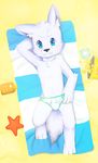  armpits beach blue_eyes canine child chips_(food) clothing cub food fox fur hand_behind_head kake0078 looking_at_viewer lying male mammal on_back sand seaside solo speedo swimsuit towel white_fur young 
