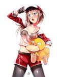 :o adjusting_clothes adjusting_hat baseball_cap belt black_bra black_legwear blue_eyes blush bra breast_press breast_rest breasts breasts_on_head carrying_under_arm colored_eyelashes crop_top female_protagonist_(pokemon_go) fingerless_gloves gen_1_pokemon gloves hat jacket legwear_under_shorts long_hair medium_breasts midriff nakatokung navel off_shoulder pantyhose pantyhose_under_shorts pokemon pokemon_(creature) pokemon_go ponytail psyduck red_jacket red_shorts see-through shade shorts signature simple_background sleeves_rolled_up stomach strap_slip sweat tank_top underwear wet wet_clothes white_background 