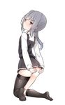  asymmetrical_legwear black_legwear blush brown_eyes covering covering_ass dress eyebrows eyebrows_visible_through_hair highres kantai_collection kasumi_(kantai_collection) kneehighs long_hair long_sleeves looking_at_viewer looking_back mitsudoue no_panties no_shoes pinafore_dress remodel_(kantai_collection) school_uniform shirt side_ponytail silver_hair simple_background solo white_background white_shirt 