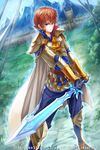  age_of_ishtaria blue_eyes cape gloves holding holding_sword holding_weapon male_focus mountain official_art ryuga_(balius) solo standing sword watermark weapon 