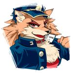  anthro canine chest_tuft clothed clothing collar concon-collector fox fur han_fox_bankara hat looking_at_viewer male mammal open_mouth red_eyes shimomaro simple_background solo tuft white_background 