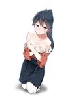  absurdres bare_shoulders black_hair blush breasts covering covering_breasts highres houshou_(kantai_collection) japanese_clothes kantai_collection kneeling long_hair medium_breasts mitsudoue mole mole_on_breast pantyhose ponytail simple_background solo thighhighs underwear white_legwear 