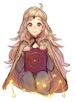  ahoge banned_artist blonde_hair book cape center_opening circlet commentary eyebrows eyebrows_visible_through_hair fire_emblem fire_emblem_if grey_eyes holding holding_book llicornia long_hair looking_at_viewer ophelia_(fire_emblem_if) simple_background sitting smile solo star white_background 