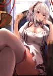  1girl anchor azur_lane bangs basket blush breasts choker cleavage collarbone dress elbow_rest eyebrows_visible_through_hair frills hair_between_eyes hairband head_tilt highres kanzaki_kureha lace-trimmed_hairband large_breasts legs_crossed looking_at_viewer mouth_hold puffy_sleeves red_eyes ribbon short_hair short_sleeves sidelocks sirius_(azur_lane) sitting solo taut_clothes taut_dress thighhighs white_hair white_legwear 