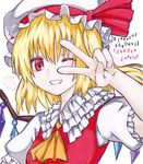  ascot blonde_hair bow character_name crystal english flandre_scarlet grin hat hat_bow heart kabaji looking_at_viewer mob_cap one_eye_closed red_eyes short_sleeves side_ponytail simple_background smile solo teeth touhou traditional_media upper_body v white_background wings 
