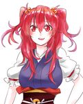  :d arm_garter blush commentary_request hair_bobbles hair_ornament highres japanese_clothes long_hair looking_at_viewer mappe_(778exceed) obi onozuka_komachi open_mouth puffy_short_sleeves puffy_sleeves red_eyes red_hair red_ribbon ribbon sash short_sleeves sidelocks smile solo touhou two_side_up upper_body 