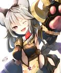  ;d animal_ear_fluff animal_ears bangs black_shirt cat_ears cat_paws chita_(ketchup) claw_(weapon) cleavage_cutout erune fang gloves granblue_fantasy hair_between_eyes highres long_hair microskirt midriff one_eye_closed open_mouth paw_gloves paws red_eyes sen_(granblue_fantasy) shirt side_cutout simple_background skirt slit_pupils smile solo twitter_username weapon white_background 