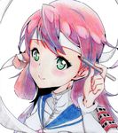  akashi_(kantai_collection) bandana colored_pencil_(medium) commentary_request green_eyes hair_ribbon highres kantai_collection long_hair long_sleeves looking_at_viewer pencil pink_hair ribbon school_uniform serafuku smile solo to_ufu@to_ufu traditional_media tress_ribbon wooden_pencil 