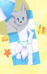  armpits beach blue_eyes canine child chips_(food) clothing cub food fox fur hand_behind_head kake0078 looking_at_viewer lying male mammal on_back sand seaside solo speedo swimsuit towel umbrella white_fur young 