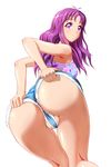  1girl ass bare_shoulders blush breasts denim denim_shorts from_behind from_below legs long_hair looking_at_viewer looking_back munakata_naomi partially_visible_vulva purple_eyes purple_hair shiny shiny_clothes shiny_hair shiny_skin shopyun short_shorts shorts sideboob smile solo swimsuit tokimeki_memorial 