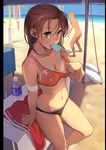  absurdres armband bad_hands beach bikini bikini_pull blue_eyes bottle brown_hair food food_in_mouth highres leg_up looking_at_viewer mouth_hold navel original outdoors popsicle sketch solo sports_bikini sweat swimsuit tan tanline tetsuo_(amenohutikoma) unfinished water_bottle 