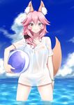  animal_ears ball beach beachball bikini bikini_bottom bikini_top blue_bikini cloud day fate/grand_order fate_(series) fox_ears fox_tail highres kou_(garakuta_teikoku) low_ponytail outdoors pink_hair shirt sky smile solo swimsuit t-shirt tail tamamo_(fate)_(all) tamamo_no_mae_(fate) tamamo_no_mae_(swimsuit_lancer)_(fate) wading water wet wet_clothes wet_shirt yellow_eyes 