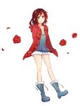  alternate_costume boots flower fur-trimmed_boots fur_trim jacket jacket_on_shoulders kuma_(bloodycolor) red_hair rose ruby_rose rwby silver_eyes smile solo white_background 